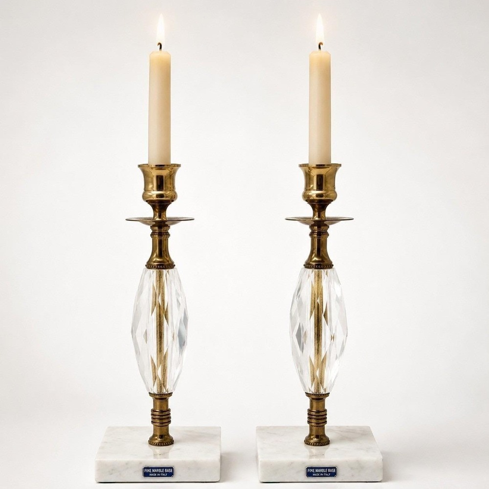 Vintage Marble, Crystal, Brass Italian Candlesticks Italy 10.5"